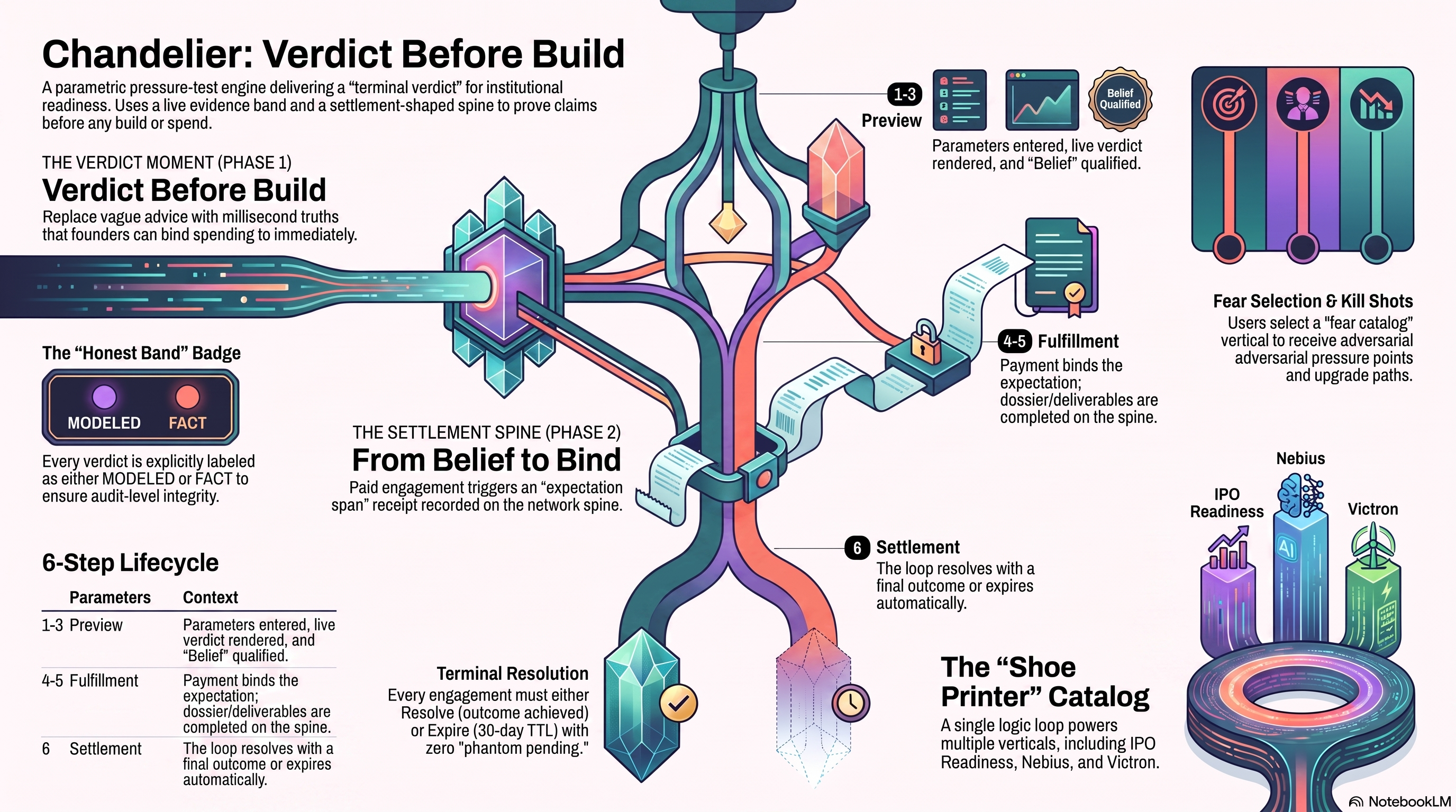Chandelier institutional readiness — parametric verdict loop, honest bands, shoe printer