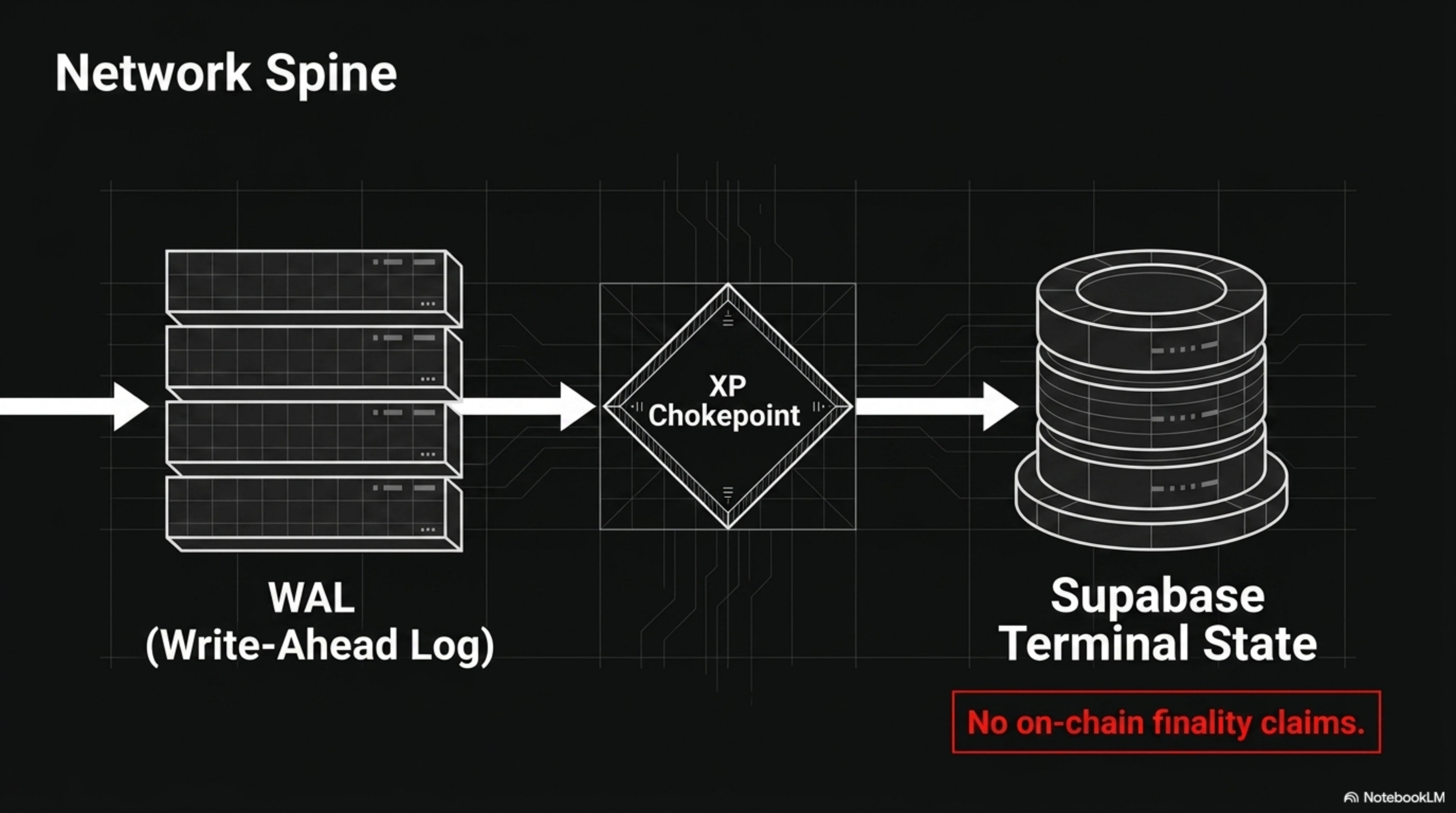 Deck slide 10 — Network spine: [redacted], XP chokepoint, settlement telemetry