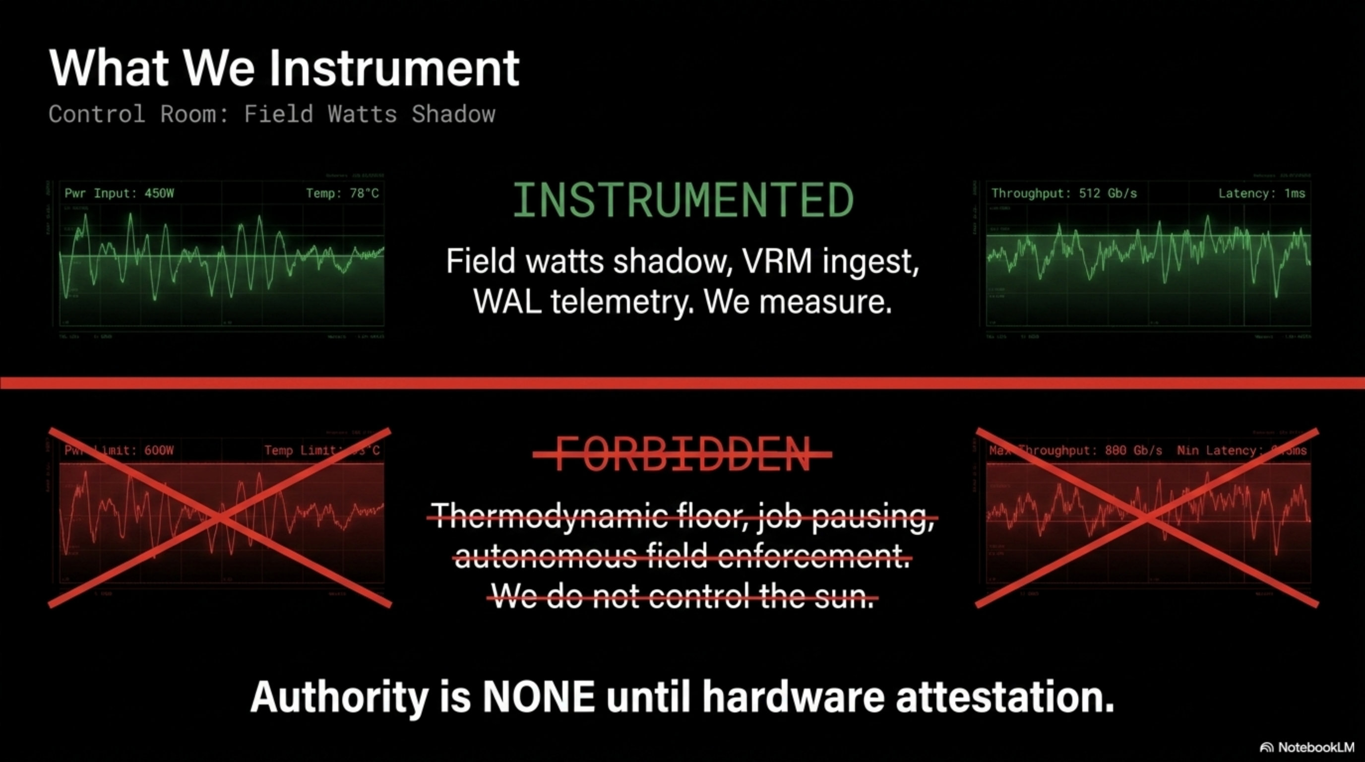 Deck slide 11 — What we instrument: field watts shadow, authority none