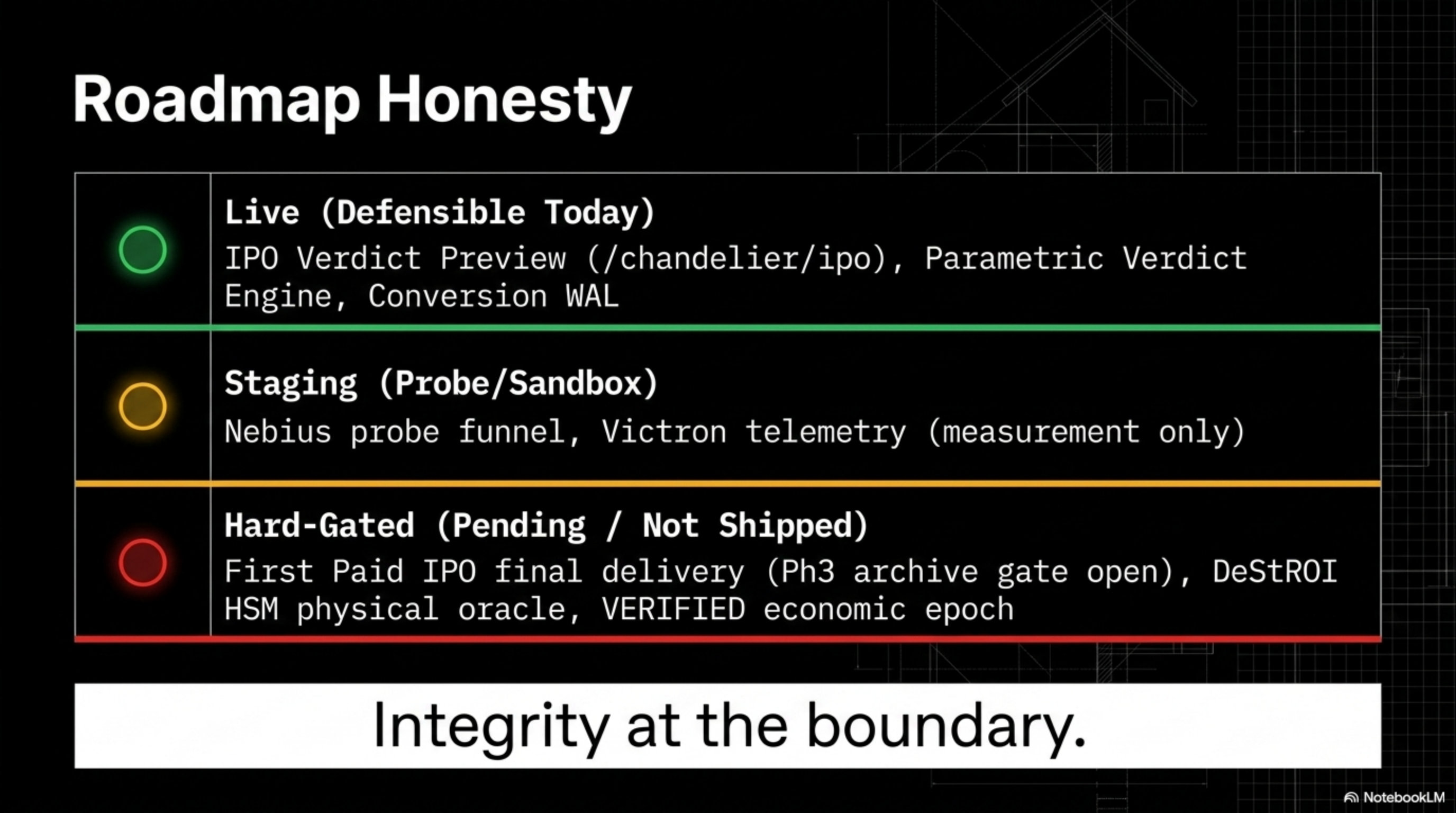 Deck slide 12 — Roadmap honesty: gated claims and integrity close