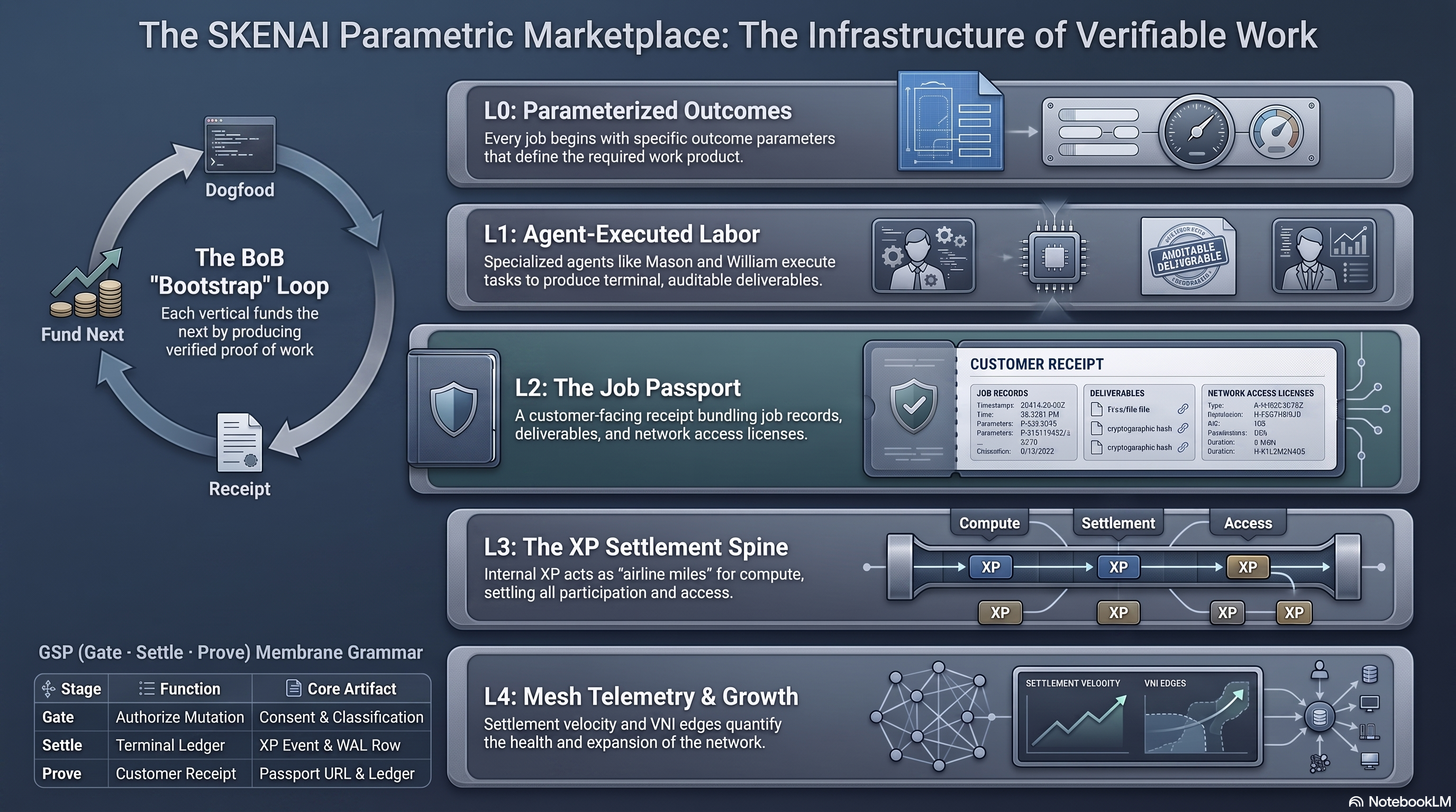 Verifiable work infrastructure — L0–L4 stack, BoB loop, Gate Settle Prove