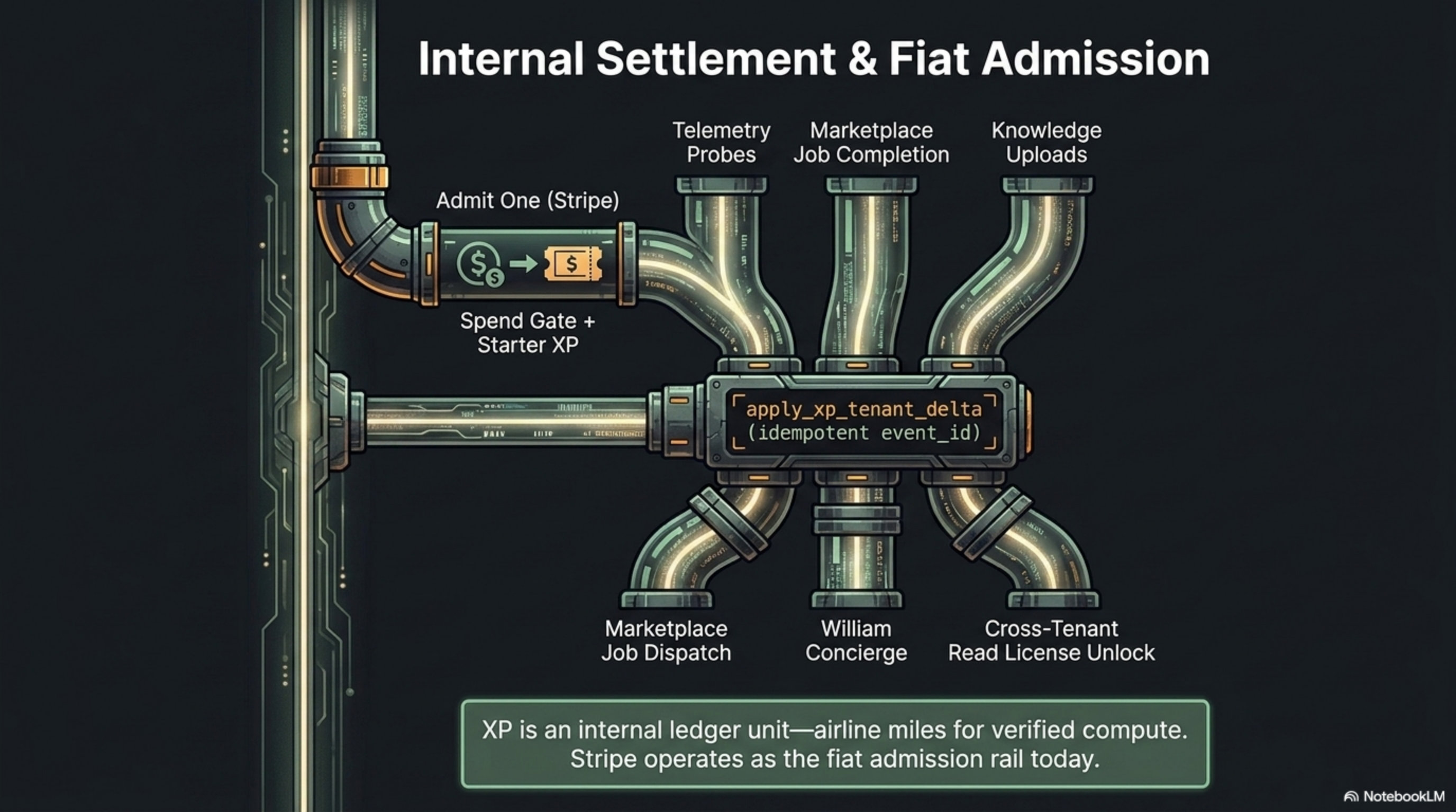 Deck slide 6 — XP settlement: earn paths, spend paths, [redacted]
