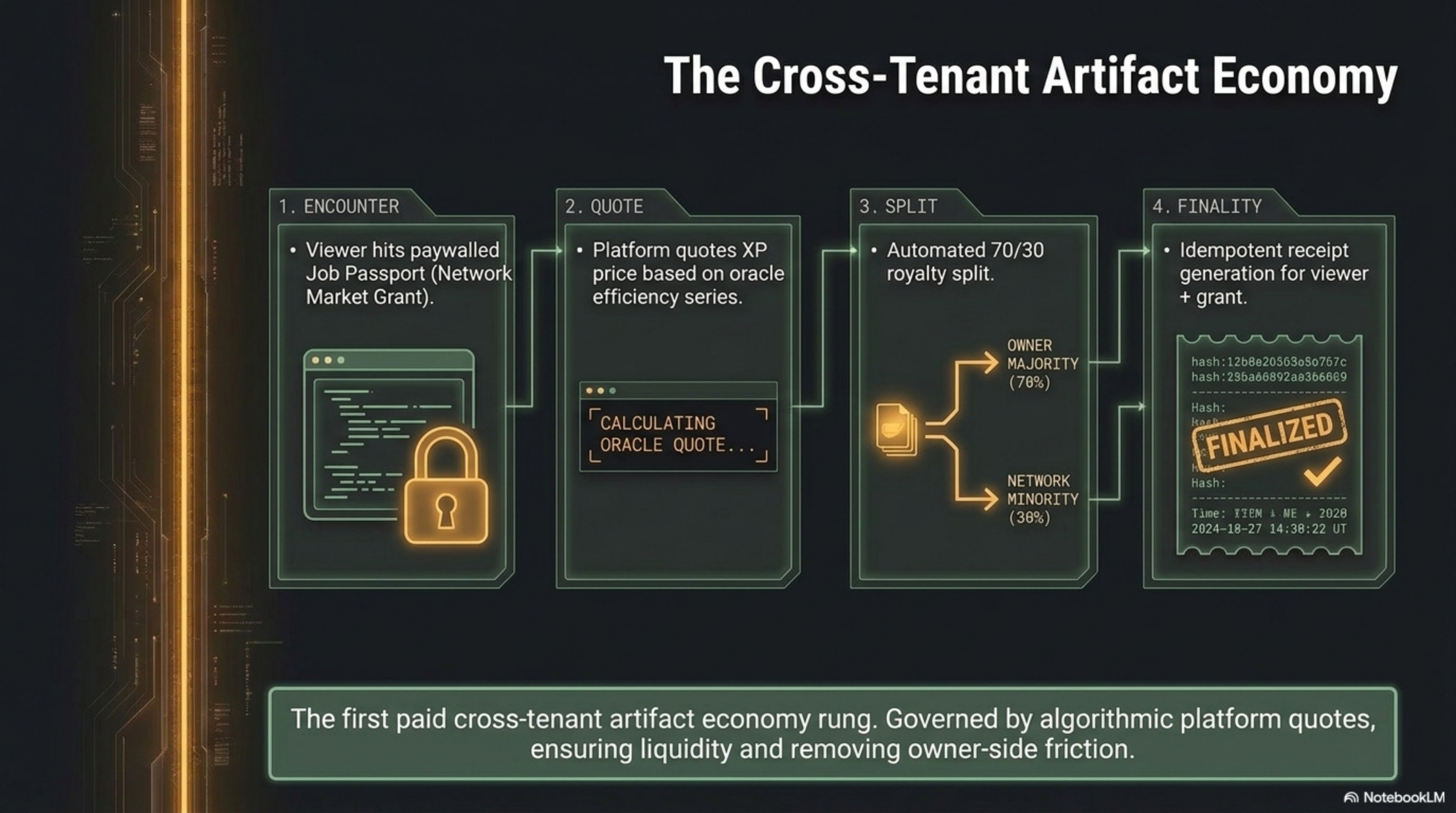Deck slide 7 — Read market: platform-quoted license, idempotent receipt